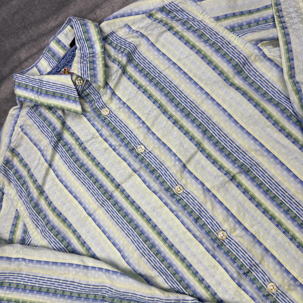 Robert Graham Shirt Mens Medium Blue Green Striped Long Sleeve Button Front